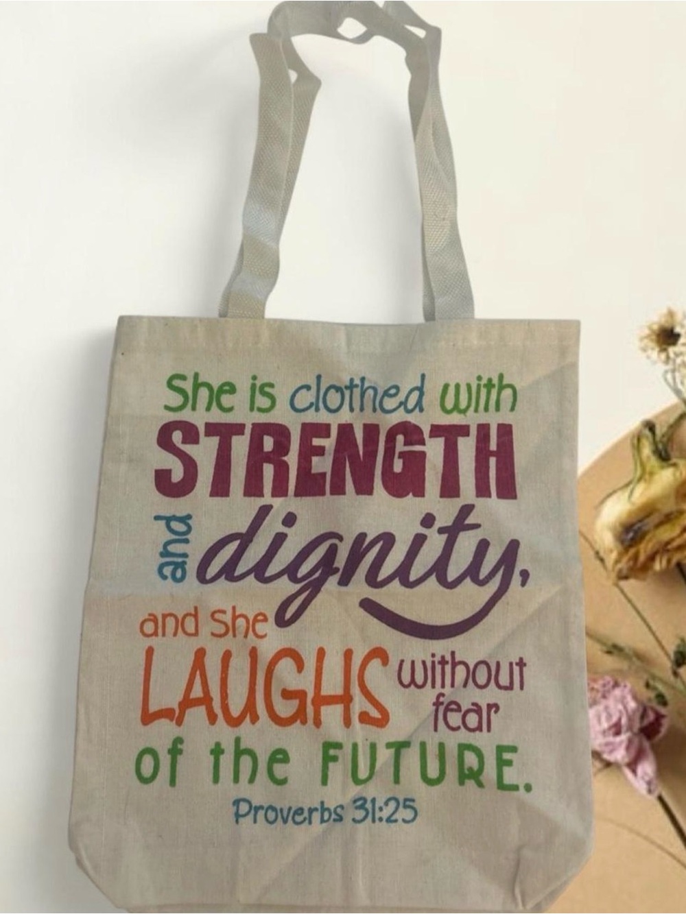 Inspirational Scripture Tote Bag in Natural with Multicolor Print
